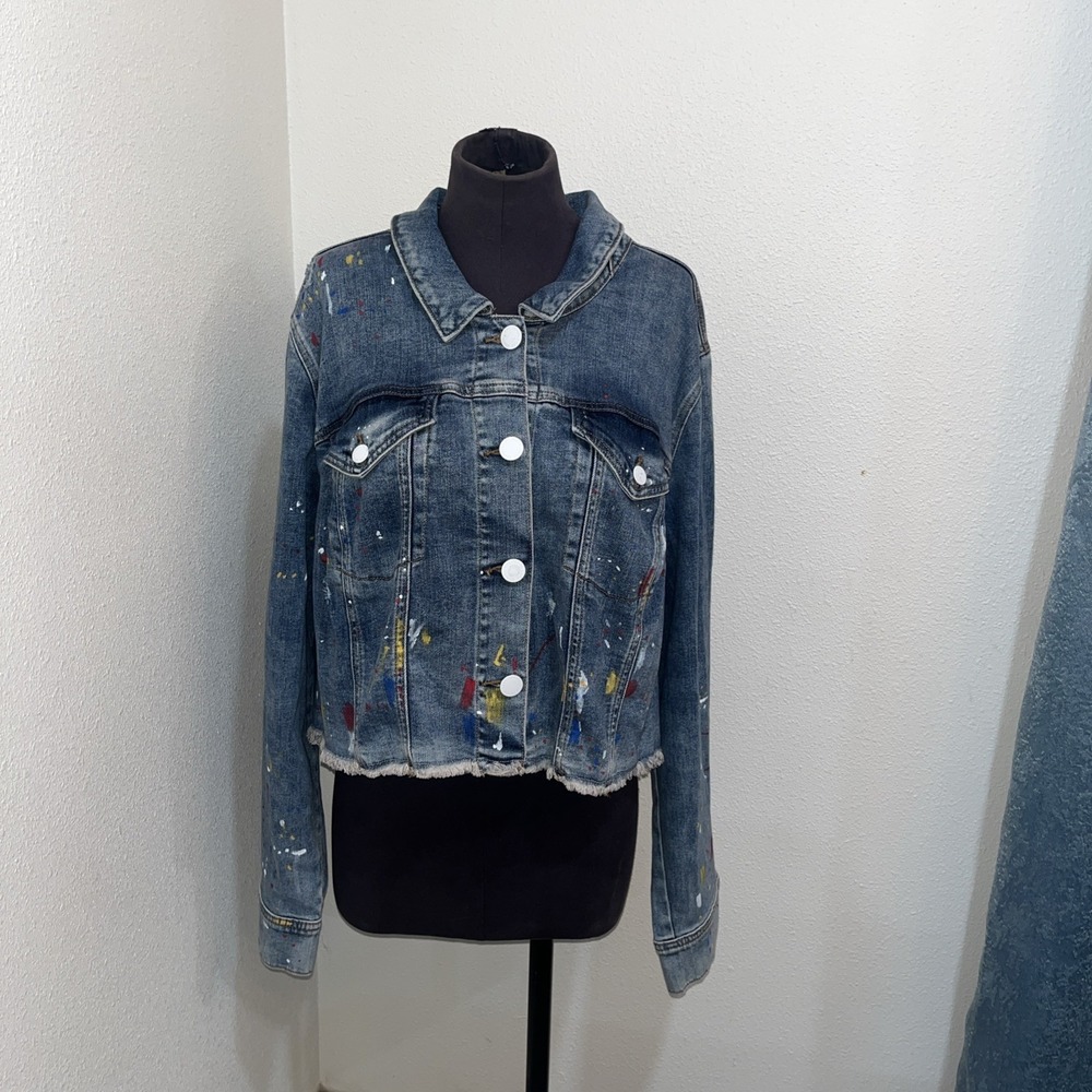 Lane Bryant Paint Splatter Blue‎  Wash Cropped Denim Jacket Sz 28